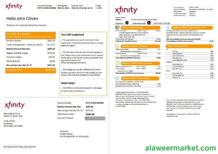 USA San Francisco Xfinity Comcast utility bill template in Word and PDF format (2 pages)